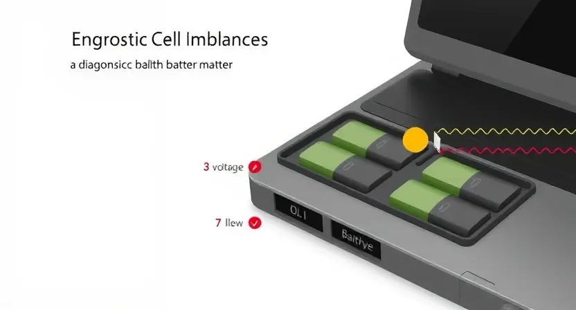 A detailed illustration of a laptop battery with a visual representation of cell imbalance. The image should show individual battery cells, some with higher and some with lower voltage levels, indicated by color gradients (e.g., green for healthy, yellow for moderate, red for low). A diagnostic icon or symbol related to battery health should be subtly included. The background should be a clean, neutral color.