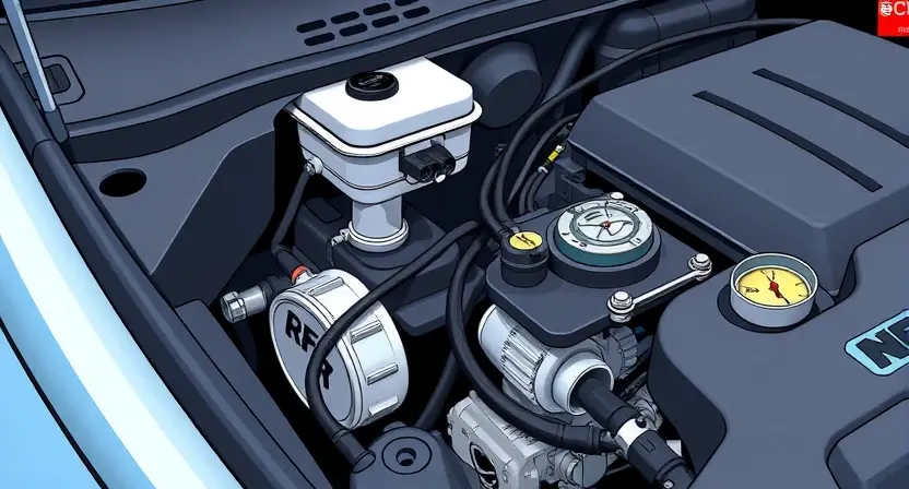 A close-up illustration of a car's engine bay, focusing on the fuel system components. Highlight the fuel pressure sensor and wiring. The overall scene should be clean and well-lit, emphasizing the technical details.