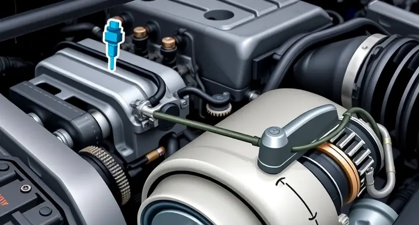 A close-up, detailed illustration of a car's engine bay, specifically highlighting the fuel trim sensor and related wiring. The engine should be partially visible in the background, suggesting a focus on the sensor's location. The overall color scheme should be realistic, with metallic tones and engine components in various shades of gray and black.