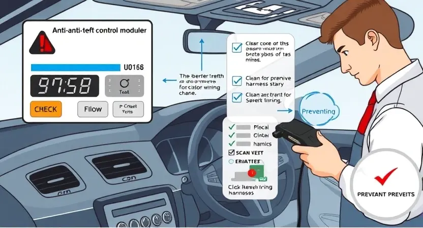 A professional automotive diagnostic scene showing a car's anti-theft control module with a warning indicator for error code U0168, a technician using a scan tool to check connections, clean wiring harnesses, and a checklist of preventive steps, all in a clean technical illustration style