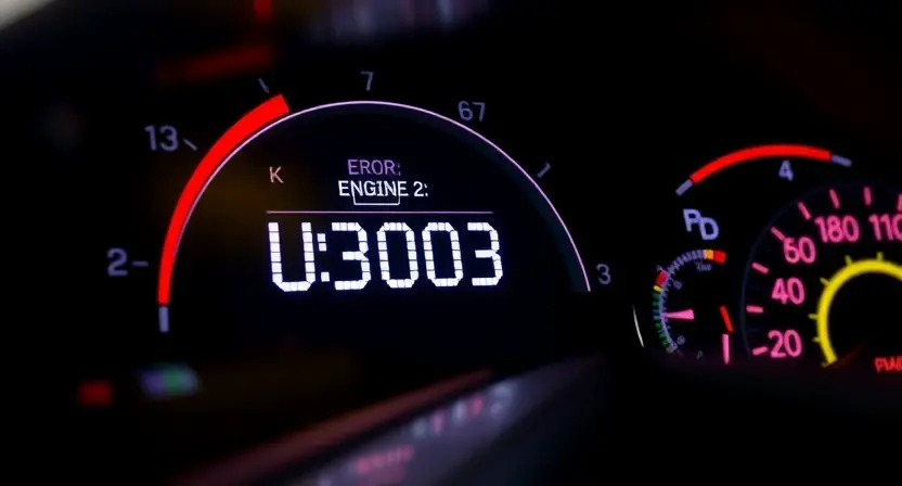 A close-up of a car's dashboard with a glowing check engine light displaying error code U3003, surrounded by subtle digital glitch effects and faint wiring diagrams in the background, realistic automotive interior lighting, high detail, no text or numbers visible except the error code U3003 on the display