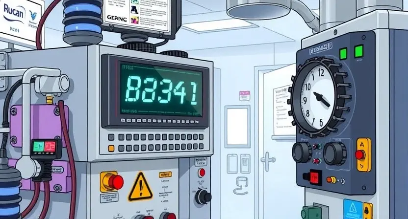 A detailed illustration of specialized equipment with a display showing an error message "B2341". The equipment should be complex, possibly industrial machinery, with visible warning lights and indicators. The background should be a clean, professional setting, perhaps a laboratory or workshop.