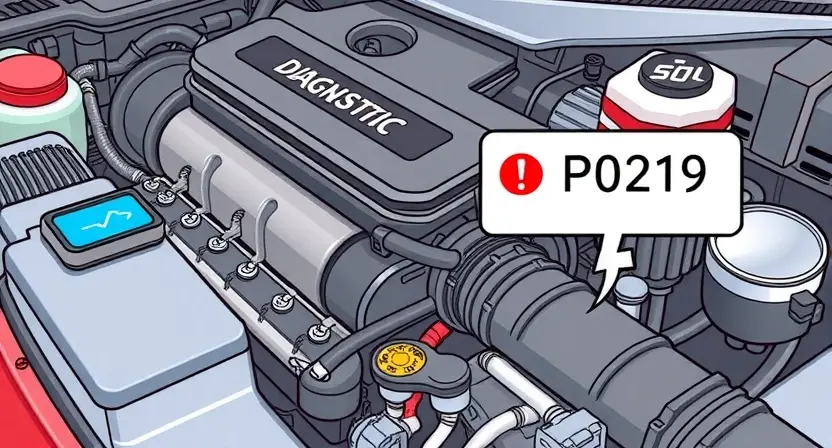 A detailed illustration of a car engine with a diagnostic error code P0219 highlighted. The engine should be realistically rendered, showing various components like the intake manifold, fuel injectors, and sensors. The error code should be clearly visible on a digital display near the engine.