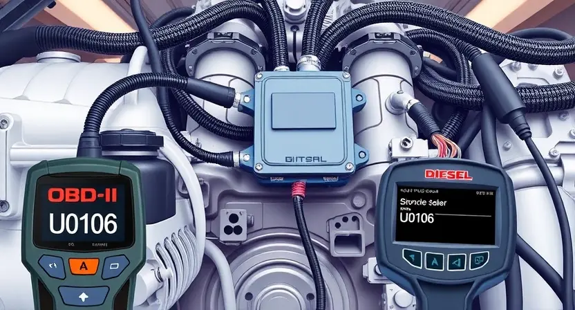 A detailed technical illustration of a diesel engine's glow plug control module with visible wiring harness, showing a broken or disconnected wire leading to the module, surrounded by diagnostic tools like an OBD-II scanner displaying error code U0106, set in a clean automotive workshop environment with soft overhead lighting, no text or labels on any surfaces