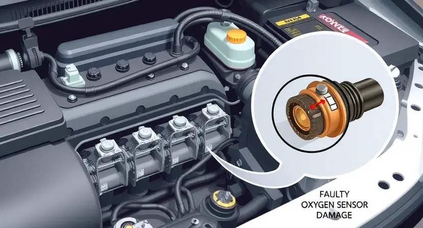 A detailed illustration of an automotive engine bay, focusing on the oxygen sensor system. Highlight the oxygen sensors, wiring, and the engine control unit (ECU). Show a close-up of a faulty oxygen sensor with visual indicators of malfunction (e.g., corrosion, damage). The overall scene should convey a technical and diagnostic context.