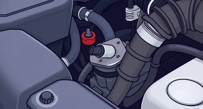 A close-up, detailed illustration of a car engine bay with a focus on the coolant temperature sensor. The sensor should be clearly visible, along with nearby hoses and wiring. The overall scene should convey a sense of automotive mechanics and diagnostics.