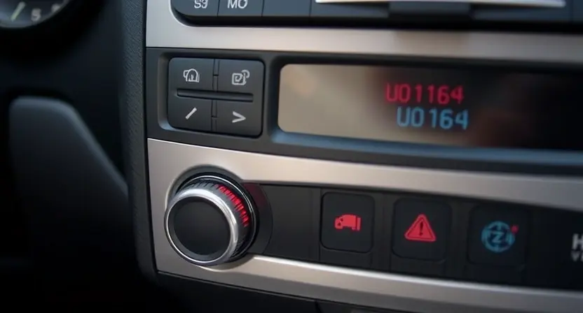 A close-up view of a car dashboard with the HVAC (Heating, Ventilation, and Air Conditioning) control panel highlighted. The panel should show various buttons and dials for temperature, fan speed, and airflow direction. The image should also include a small digital display showing an error code 'U0164' indicating a loss of communication with the HVAC control module. The overall scene should convey a sense of a malfunctioning HVAC system in a vehicle.