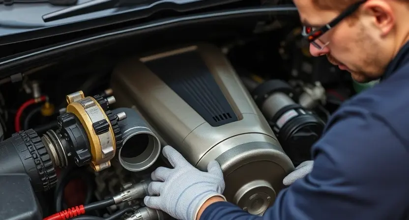 A close-up, detailed image of a car engine bay with a mechanic inspecting the engine. Focus on the air intake system and related components. The mechanic is wearing safety glasses and gloves. The engine should appear clean and well-maintained. Emphasis on the electrical connections and sensors within the engine bay.