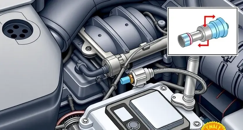 A detailed illustration of a car engine bay, focusing on the intake manifold and the boost pressure sensor. The sensor should be clearly visible, with its wiring and connections highlighted. Include a schematic diagram showing the sensor's location relative to the intake manifold and the engine block. The background should be a slightly blurred view of the engine components.