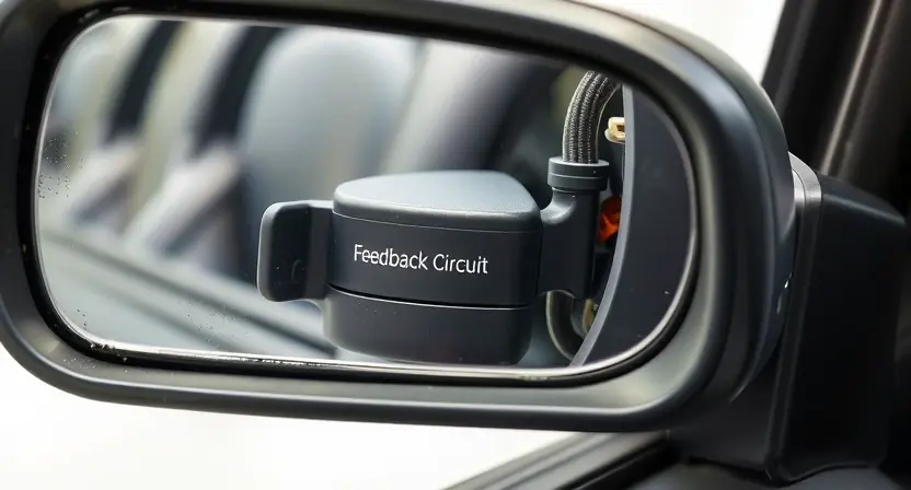 A detailed close-up of a car's side mirror with visible wiring and electronic components, showing signs of wear or damage such as frayed wires or corrosion. The mirror should be slightly tilted to reveal the internal structure, with a focus on the feedback circuit area. The background should be a generic car interior or exterior to provide context.