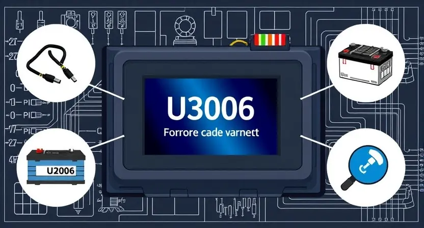 A detailed technical illustration of an automotive ECU (Electronic Control Unit) with visible error code U3006 displayed on a diagnostic scanner screen, surrounded by symbolic representations of common causes: a corroded wiring harness, a weak battery, a faulty ground connection, and a malfunctioning sensor, all rendered in a clean, professional, high-resolution technical diagram style with blueprints and circuit-like overlays