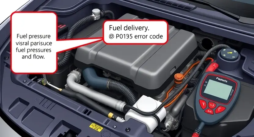 A detailed illustration of a car engine bay with a diagnostic tool connected to the engine's computer. Focus on the area where the P0195 error code might be related to fuel delivery. Include visual cues representing fuel pressure and flow.