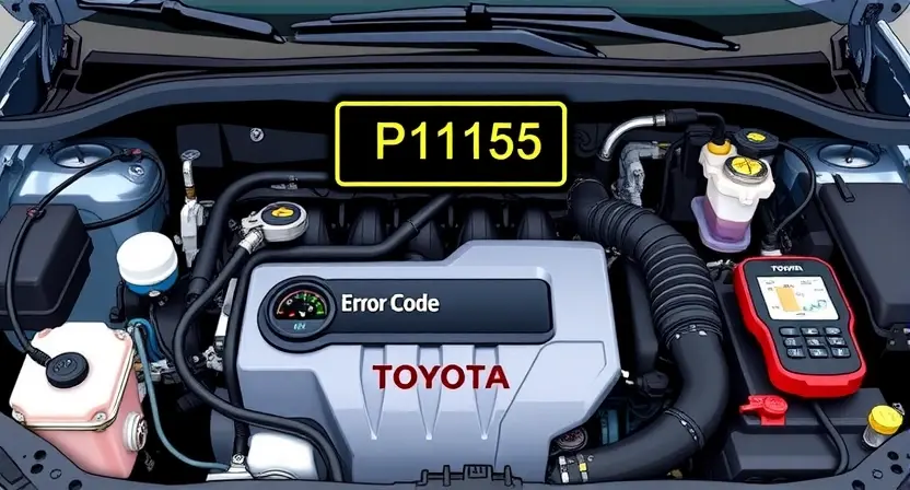 A detailed illustration of a Toyota vehicle's engine bay, highlighting the P1155 error code warning light on the dashboard. Focus on the engine components and diagnostic tools, conveying a sense of automotive repair and maintenance.