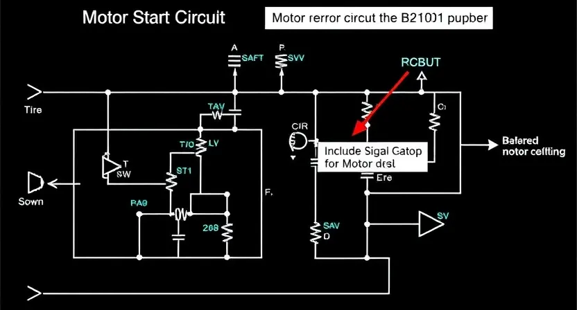 A detailed schematic diagram of a motor start circuit with a button, highlighting the B2101 error code and potential causes. Include visual representations of signal flow and components like transistors, capacitors, and resistors. Focus on clarity and technical accuracy.