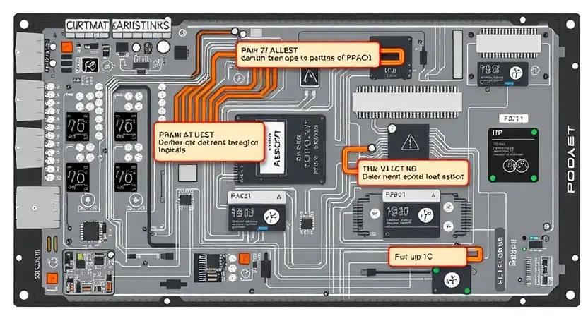 A detailed schematic diagram illustrating a P2A01 error code in a complex electronic system. The diagram should show various components like circuit boards, microchips, and wiring, with highlighted areas indicating potential points of failure. Include visual cues representing the error code's impact on system functionality.
