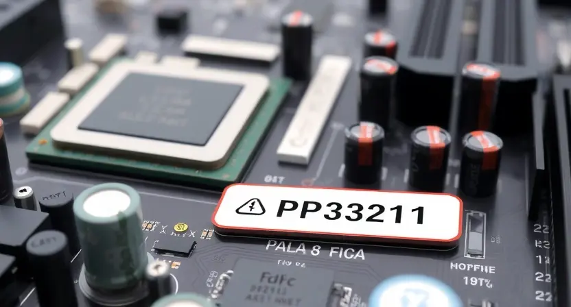 A close-up illustration of a computer motherboard with a highlighted error code P3211. The motherboard should be detailed and show various components like CPU, RAM, and capacitors. The error code should be clearly visible on a small display or label on the motherboard.