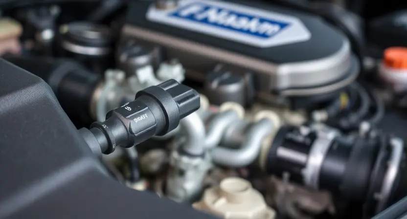 A close-up shot of a car's engine bay, focusing on the mass airflow sensor (MAF sensor). The sensor should be clearly visible, with surrounding engine components blurred in the background. The lighting should be bright and even, highlighting the sensor's details.