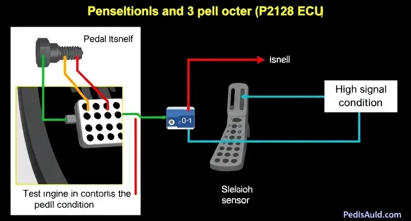 A detailed diagram illustrating the vehicle's pedal position sensor (P2128 error) and its connection to the engine control unit (ECU). Highlight the sensor itself, the pedal, and the wiring. Show a visual representation of a high signal condition. Focus on the mechanical and electrical components involved.