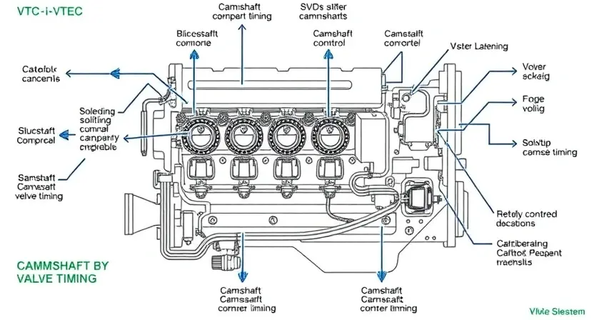 A detailed schematic diagram of an engine's VTEC/i-VTEC system, highlighting the key components like camshafts, solenoids, and sensors. Include arrows indicating the flow of oil and electrical signals. Focus on the internal mechanisms and how they control valve timing.