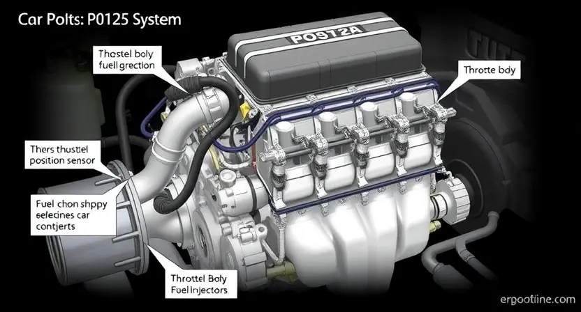 A detailed illustration of a car engine's fuel system, highlighting the components involved in the P0125 error, such as the throttle position sensor, throttle body, and fuel injectors. The image should depict the engine in a cross-sectional view to show the internal workings and the flow of fuel. Use realistic and precise details to represent the mechanical parts and their connections.