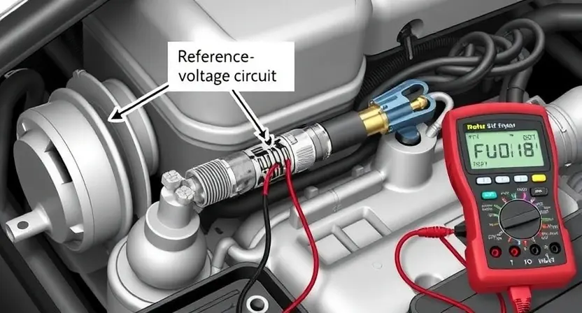 A detailed illustration of an oxygen sensor (lambda probe) in a car's exhaust system, showing the wiring and connections. The image should depict a close-up of the sensor with visible wires, highlighting the reference voltage circuit. Include a multimeter or diagnostic tool connected to the sensor for testing purposes. The background should show a car engine or exhaust system to provide context.