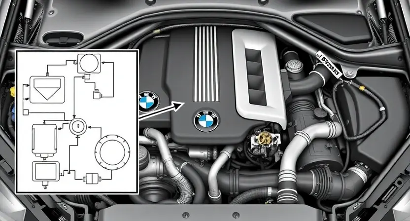 A detailed illustration of a BMW engine bay with various components visible, including the engine block, hoses, sensors, and wiring. Focus on the area related to potential P1689 error codes. Include a schematic diagram overlay showing the relevant systems.