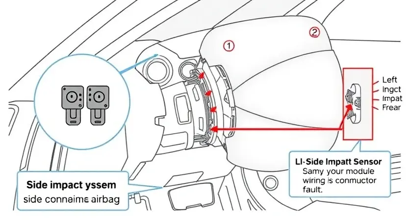 A detailed technical illustration of a vehicle's airbag system showing the left side impact sensor and side curtain airbag module with clear wiring and connector highlights indicating a communication fault, clean technical diagram style
