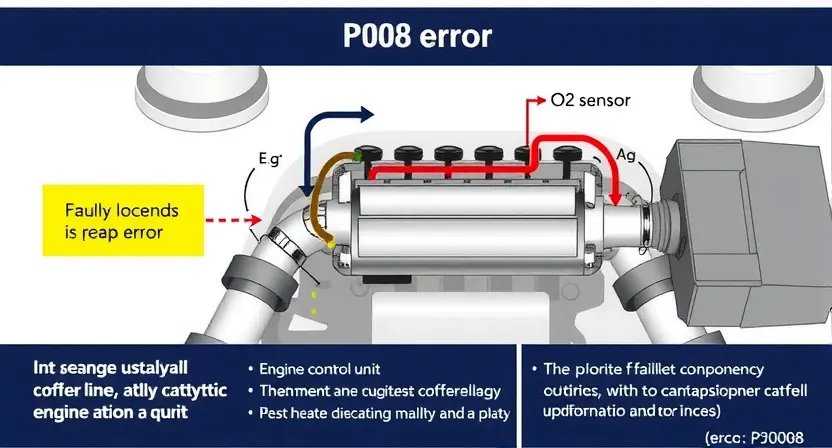 A detailed diagram illustrating the P2008 error in a car's engine system. The diagram should clearly show the affected components (e.g., O2 sensor, catalytic converter, engine control unit) and the flow of data between them. Use color-coding to highlight the faulty component and the error pathway. The background should be clean and uncluttered, focusing attention on the technical illustration.