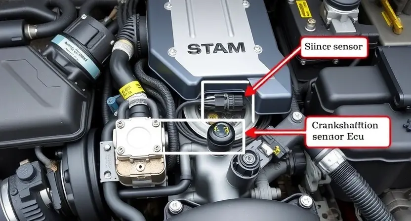 A detailed diagram illustrating a car engine with a clear focus on the crankshaft position sensor and its wiring. Highlight the sensor's location and connection to the engine control unit (ECU). Use arrows to indicate the flow of electrical signals. The engine should be clean and well-lit, emphasizing the components' precision.