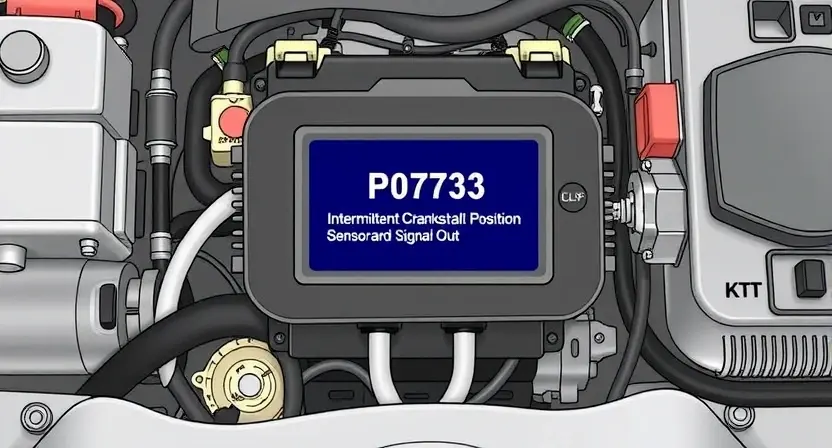 A detailed illustration of an automotive engine control unit (ECU) displaying a diagnostic code P0723, "Intermittent Crankshaft Position Sensor Signal Output". The ECU should be surrounded by various automotive components like sensors, wiring harnesses, and a dashboard. The image should clearly show the error code highlighted on a screen within the ECU.