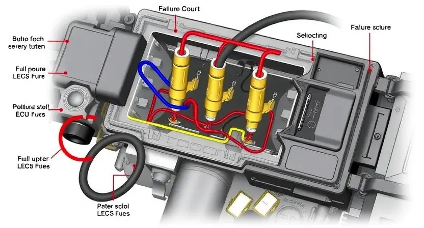 A detailed illustration of an engine control unit (ECU) with a highlighted fuel injector circuit. Show various components like sensors, wiring, and the ECU itself. Focus on the circuit diagram and potential points of failure.