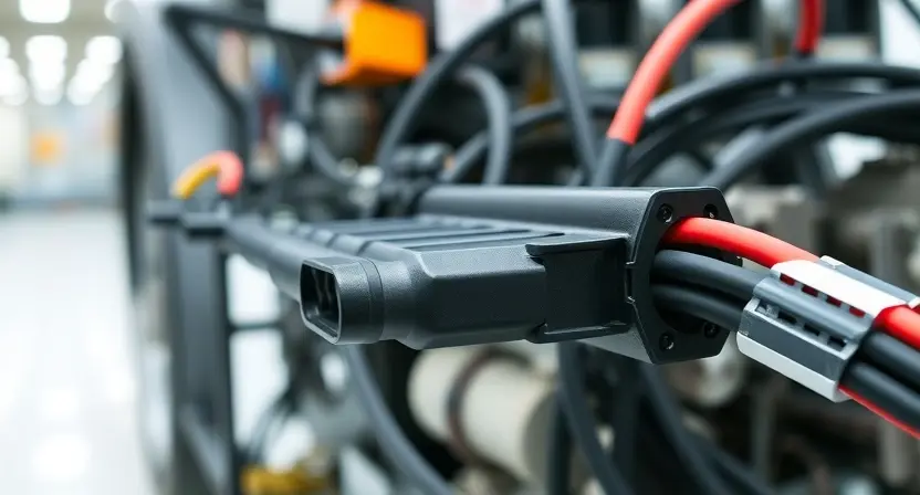A high-speed CAN bus with a clear, unbroken connection. Focus on the physical wiring and connectors, emphasizing the integrity of the circuit. The background should be a clean, industrial setting suggesting a vehicle or machinery environment. Illustrate a healthy CAN bus connection.
