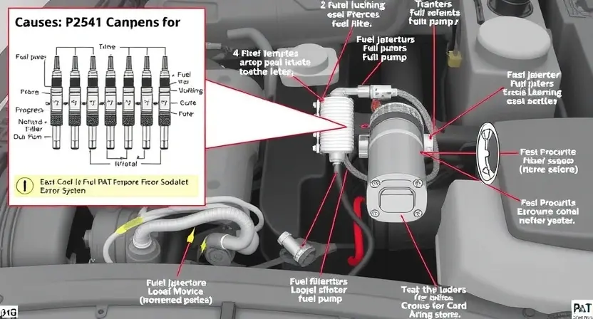 A detailed illustration of a car's fuel system, highlighting the P2541 error code and its potential causes. Include diagrams of fuel injectors, fuel pump, fuel filter, and sensors. The image should visually represent the diagnostic process and troubleshooting steps.