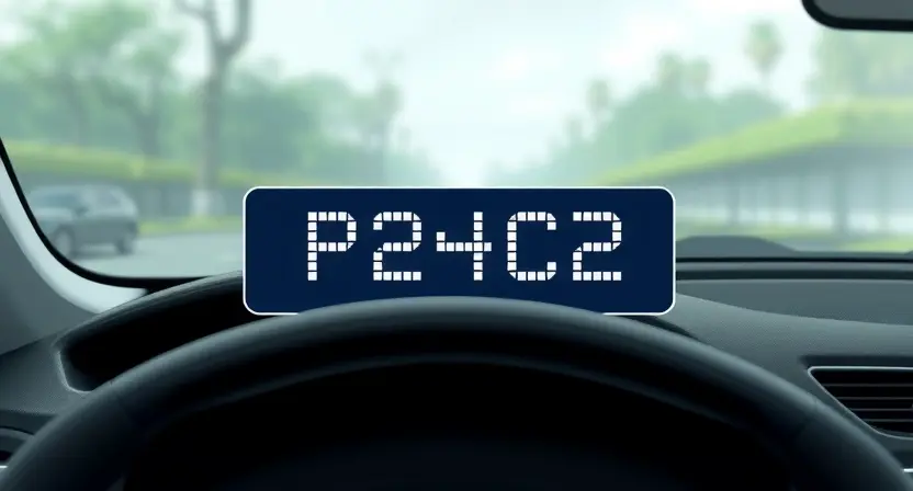A detailed illustration of a car error code P24C2, showing the error code prominently displayed on a dashboard. The background should be a realistic car interior.