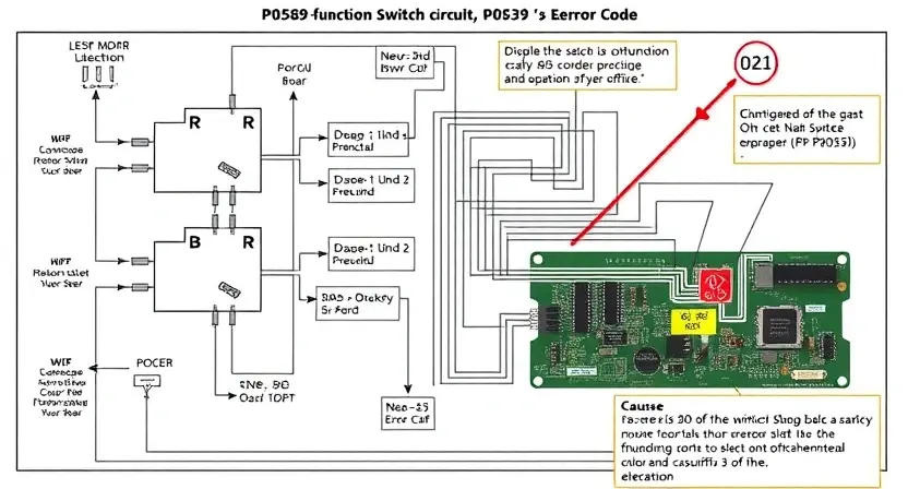 A detailed schematic diagram of a multi-function switch circuit, highlighting the P0589 error code and potential causes. The diagram should be clean, well-labeled, and visually represent the electrical connections and components involved. Focus on the circuit board and its components.