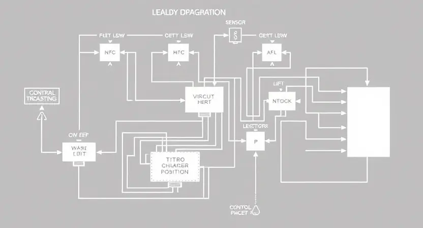 A detailed schematic diagram of a turbocharger actuator position sensor circuit. Include components like the sensor itself, wiring, and the control unit. Focus on clarity and precision to represent an electrical circuit.