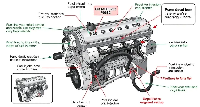 A detailed illustration of a diesel fuel injection pump (TНВД) with various components highlighted, showing the P0252 error code indicator. Include diagrams of fuel lines, injectors, and sensors. The image should be informative and visually clear, suitable for a repair manual.
