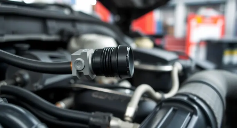 A close-up shot of a car's engine bay, focusing on the engine coolant temperature sensor. The sensor should be clearly visible, with hoses and wiring around it. The engine should appear clean and well-maintained. The background should be slightly blurred, suggesting a garage or workshop environment. The overall lighting should be bright and even, highlighting the sensor's details.