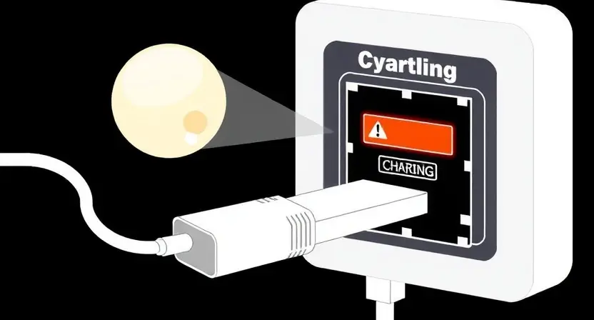 A technical illustration showing a charging port controller losing connection, with a warning sign or error indicator, circuit board elements, and a disconnected cable, rendered in clean technical style