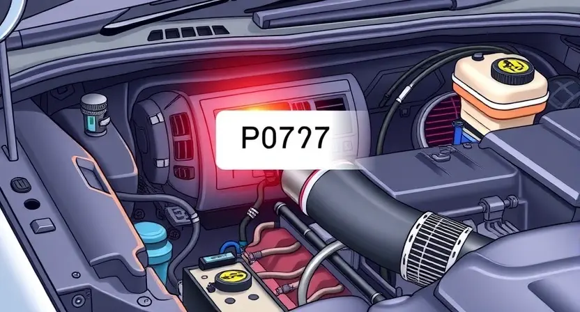 A detailed illustration of a car's engine bay, focusing on the P0707 error code indicator light. The image should clearly show the light illuminated and surrounding components like the dashboard, wiring, and engine parts. The style should be realistic and informative, suitable for a technical guide.
