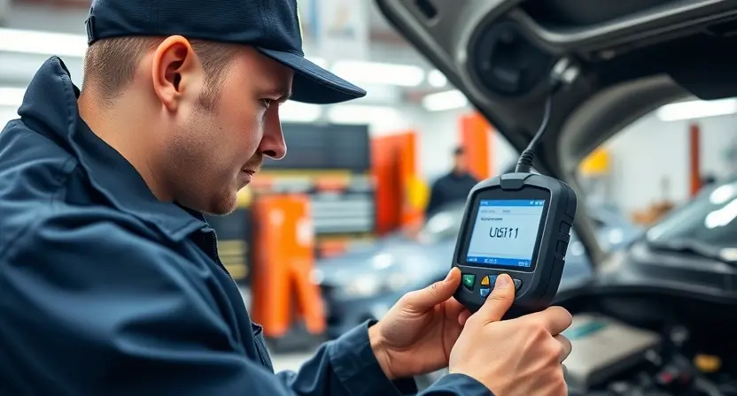 A professional automotive technician using a diagnostic scanner connected to a vehicle's OBD-II port, with a clear display showing the error code U0151 on the screen, set in a well-lit garage with tools and car parts visible in the background, realistic lighting, high detail, no text or labels on the image