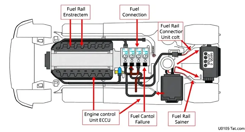 A detailed diagram of a car's fuel system, highlighting the fuel rail, fuel injectors, and the engine control unit (ECU). Arrows should indicate the flow of fuel and electrical signals. The diagram should be clean, well-lit, and easy to understand, focusing on the connection points and potential points of failure related to the U0105 error. The background should be a neutral color.