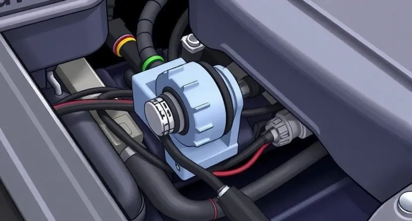 A close-up, detailed illustration of a car's engine bay, specifically focusing on the fuel level sensor and its wiring. The sensor should be clearly visible, along with the surrounding electrical components and wiring harness. The image should convey a sense of technical precision and diagnostic inspection.