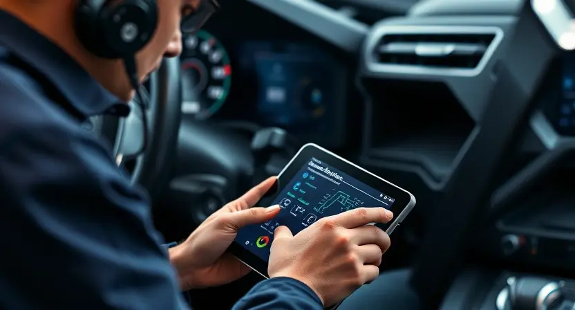 A professional automotive diagnostic scene showing a technician using a tablet to troubleshoot an OBC error U3020 on a vehicle, with clear technical diagrams and error codes displayed on the screen, high detail, realistic lighting