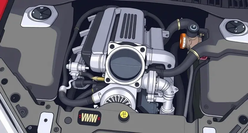 A detailed illustration of a car engine bay, focusing on the throttle body and related components. The engine should be clean and well-lit, showcasing the parts clearly. Include subtle visual cues representing diagnostic tools or a mechanic inspecting the engine.