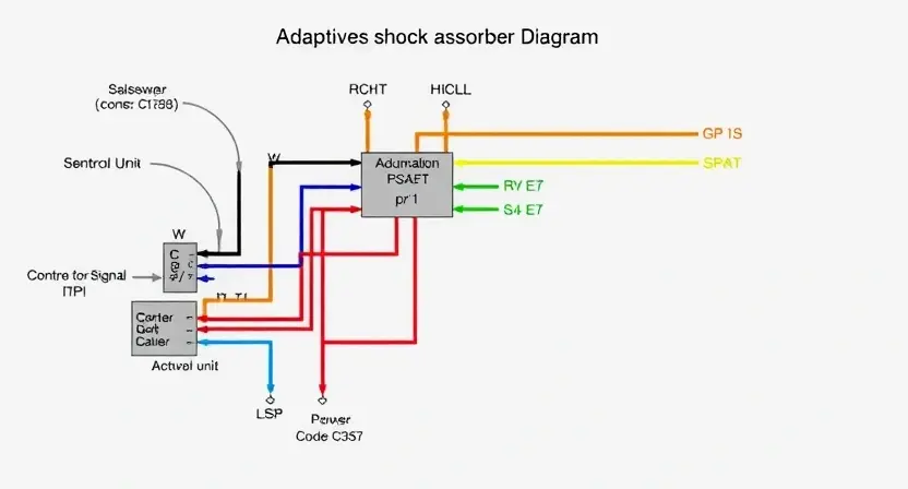 A detailed schematic diagram of a car's adaptive shock absorber circuit. The diagram should clearly show the components: sensors, control unit, actuators, and wiring. Use color-coding to differentiate between power, ground, and signal lines. Highlight the specific circuit path related to error code C1356. The background should be a clean, light gray.