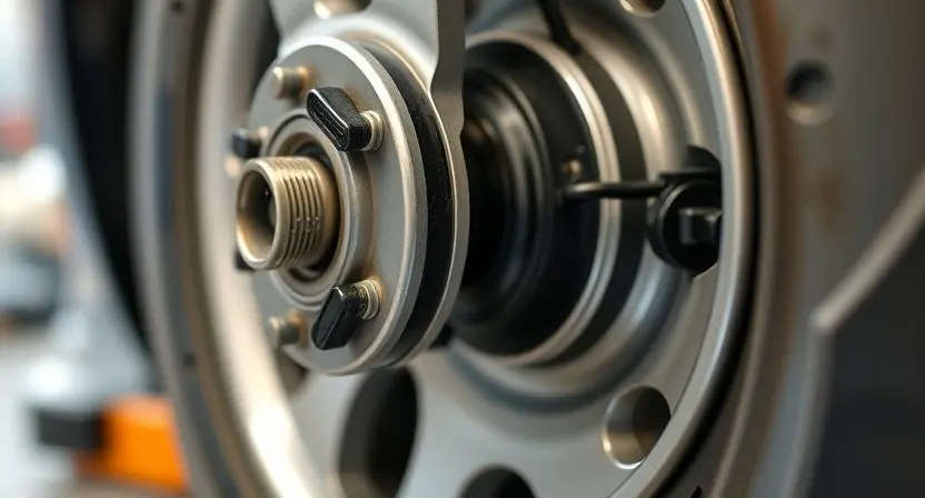 A close-up, detailed image of a car's front left wheel hub assembly. The focus should be on the wheel speed sensor and its connection to the hub. Show the sensor clearly, highlighting its position and how it interacts with the wheel. The background should be blurred, suggesting a garage or workshop environment.