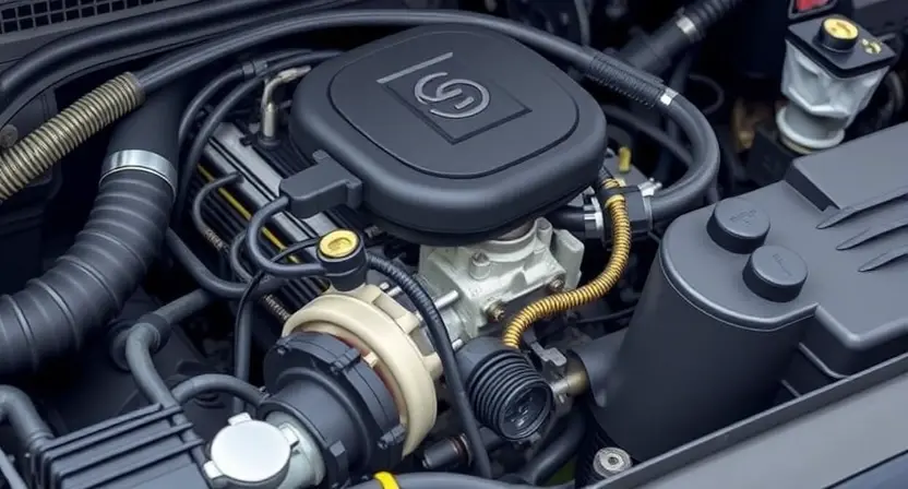 A detailed illustration of an automotive engine bay, focusing on the ignition system. Show a close-up of the spark plug wires, distributor (if applicable), and ignition coil. Highlight potential areas of failure with visual cues like slightly discolored wires or a loose connection. The background should be slightly blurred to emphasize the ignition components.