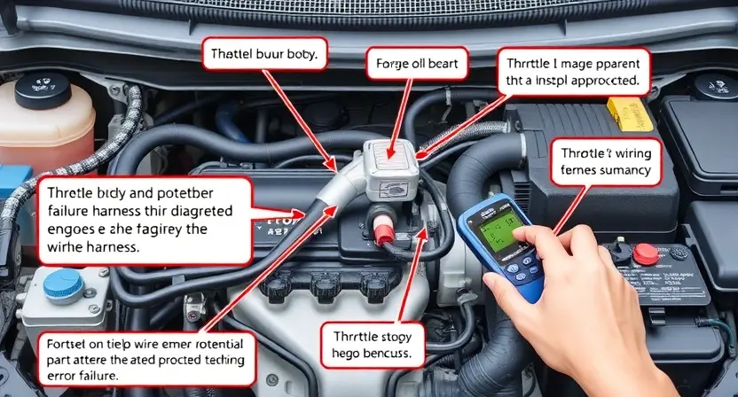 A detailed illustration of a car engine bay, focusing on the throttle body and associated wiring harness. Highlight the electrical connections and potential points of failure related to the P2100 error code. Show a mechanic's hands inspecting the wiring with a diagnostic tool. The engine should be clean and well-lit, emphasizing the complexity of the electrical system.