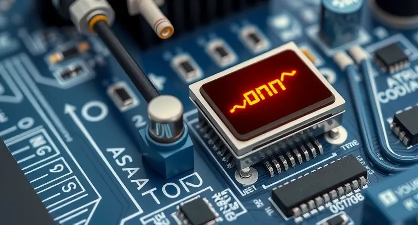 A close-up, detailed illustration of a differential sensor connected to an electrical circuit board. Focus on the sensor's physical components and wiring. Show a visual representation of a weak signal – perhaps a faint, wavering line on a digital display connected to the sensor, or a subtle color gradient indicating low voltage. The circuit board should be clean and modern, with visible traces and components. The overall lighting should be bright and even, highlighting the details of the sensor